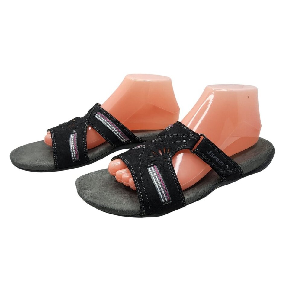 Jambu JSport Womens Claudia Black Leather Hook and Loop Adjustable Sandals